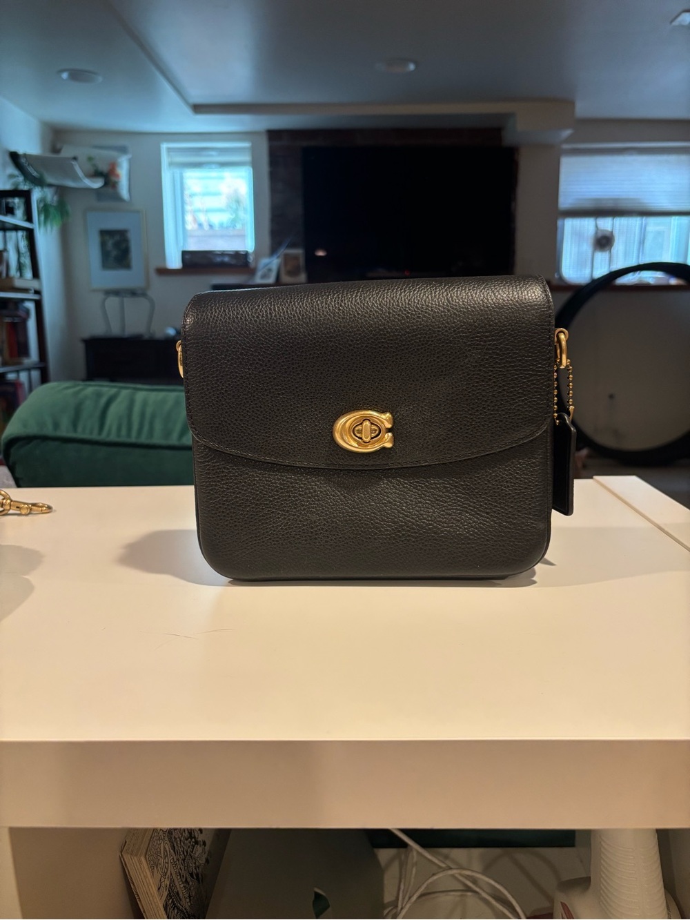Coach Cassie Black Pebbled Leather Crossbody with Gold Turnlock